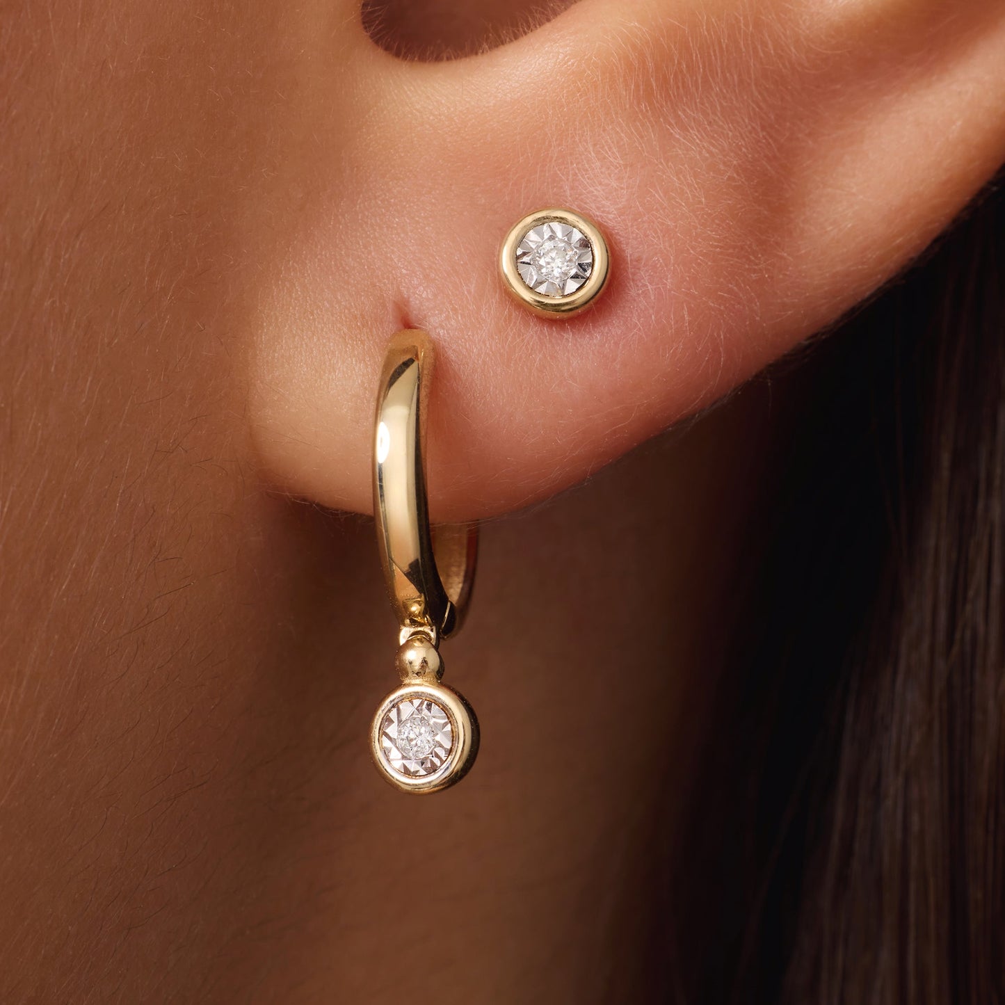 Bezel Set Diamond Charm Hoop Earrings (0.03 ct)