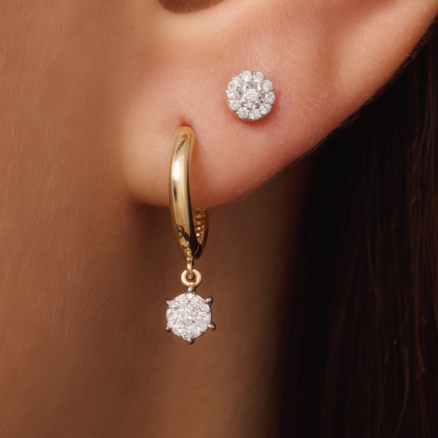 Six Prong Diamond Cluster Charm Hoop Earrings (0.15 ct)