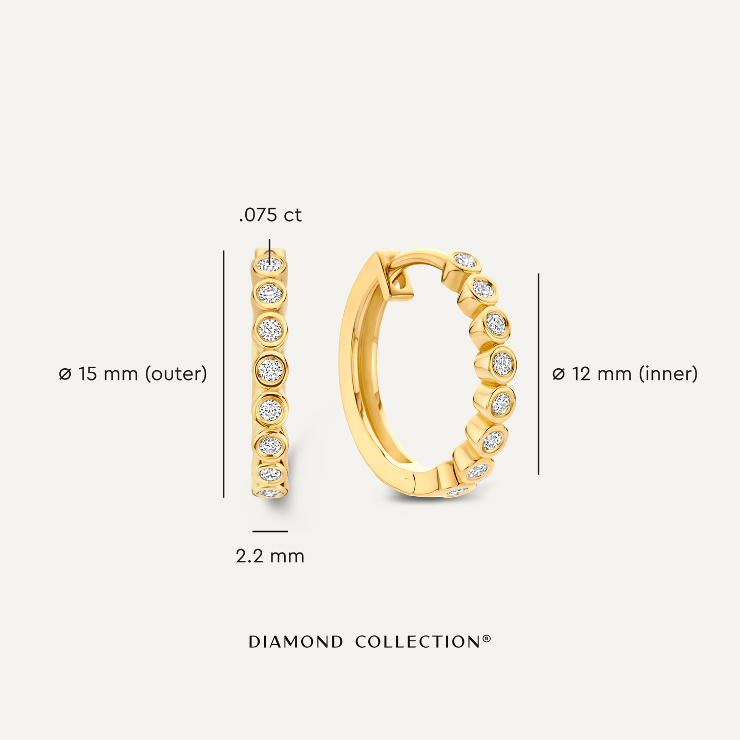 Bezel Set Diamond Small Hoops (15mm) (0.15 ct)